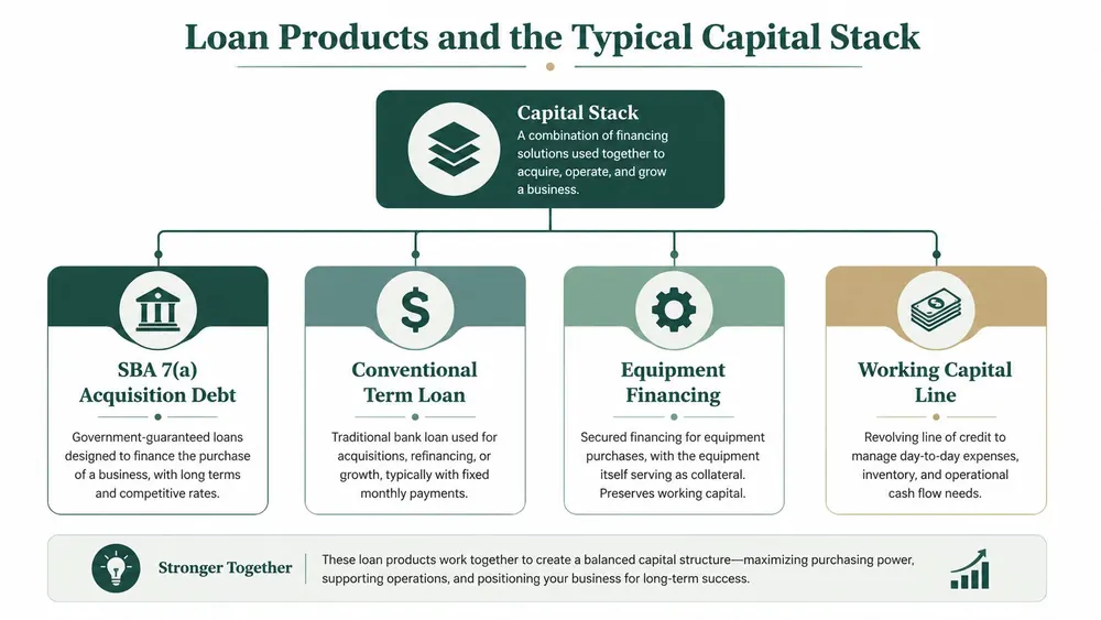 An infographic showing common loan products for business capital stacks, including SBA loans, term loans, and financing.