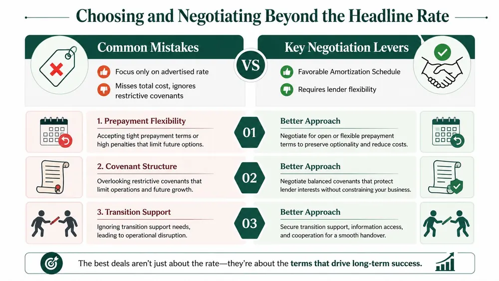 A business infographic showing how to negotiate loan terms beyond the interest rate for better financial outcomes.