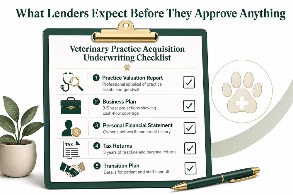 A clipboard showing a veterinary practice acquisition underwriting checklist with five essential documents required by lenders.