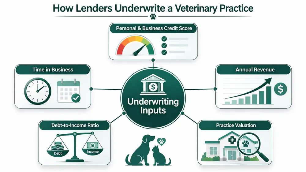A diagram illustrating the five key financial factors lenders analyze to underwrite a veterinary practice business loan.