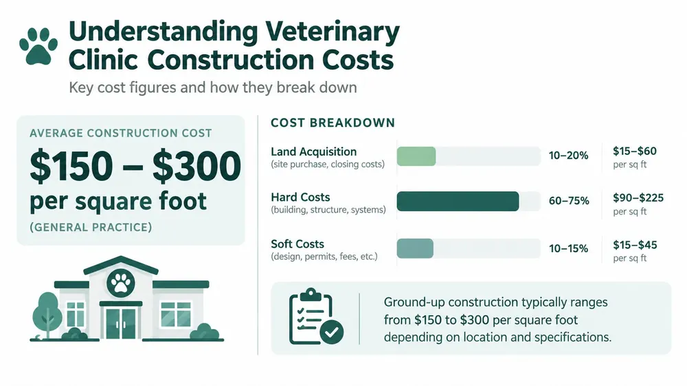 An infographic showing that veterinary clinic construction costs typically range from $150 to $300 per square foot.