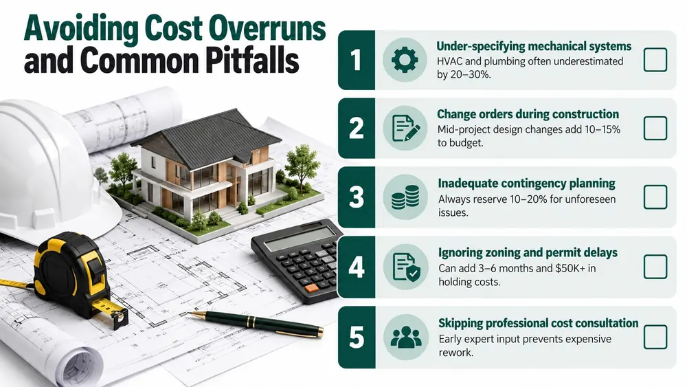 A construction planning infographic showing five tips for avoiding home building cost overruns on blueprints.