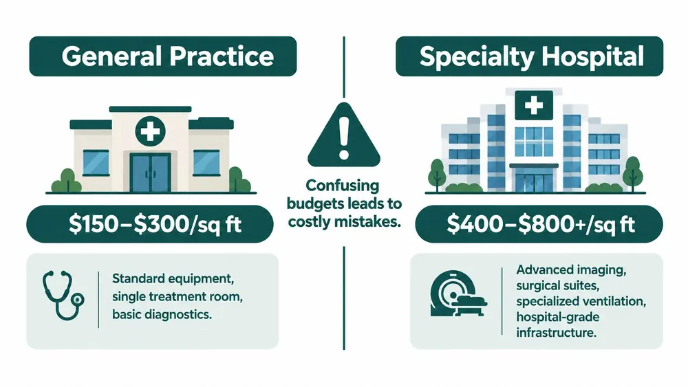 A comparison infographic showing estimated construction costs per square foot for general practice versus specialty veterinary clinics.