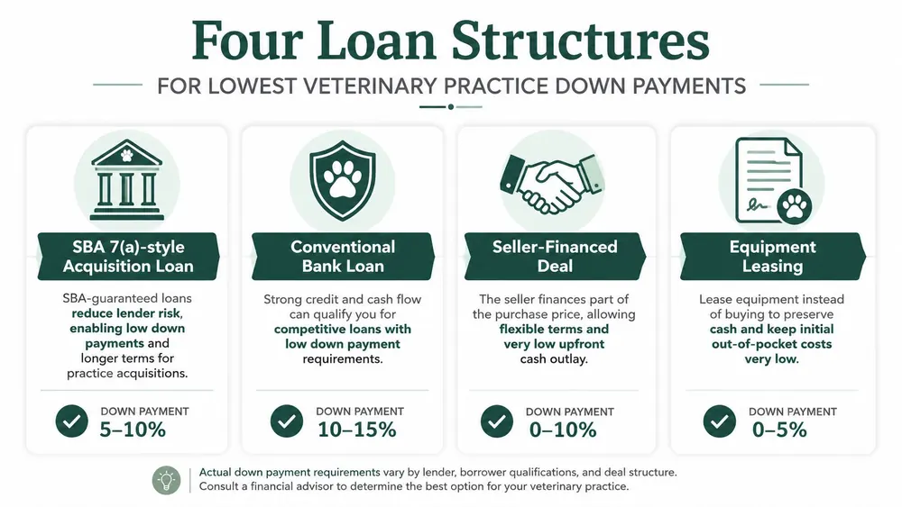 An infographic detailing four loan structures for veterinary practice acquisitions with down payment percentages for each method.