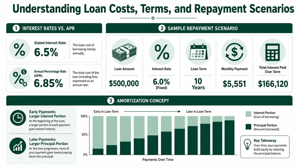 An infographic explaining loan costs, interest rates versus APR, repayment scenarios, and the concept of loan amortization.