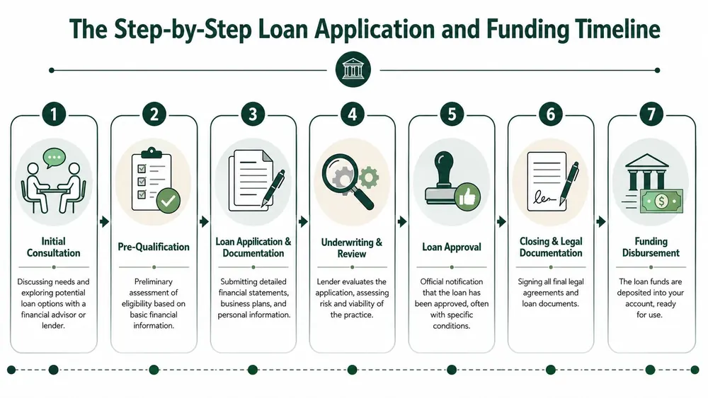 A step-by-step infographic illustrating the seven stages of the loan application and funding process for business owners.