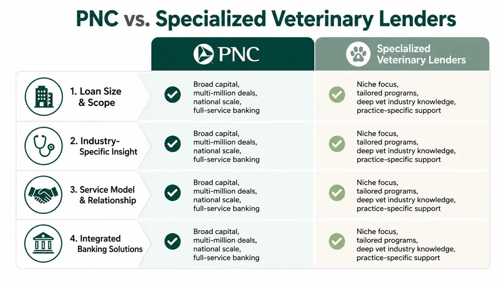 A comparison chart showing PNC bank versus specialized veterinary lenders across four key business categories.