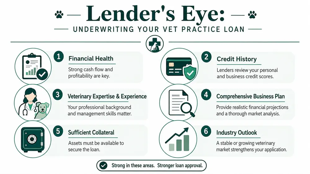 An infographic detailing the six key factors lenders consider when evaluating veterinary practice business loan applications.