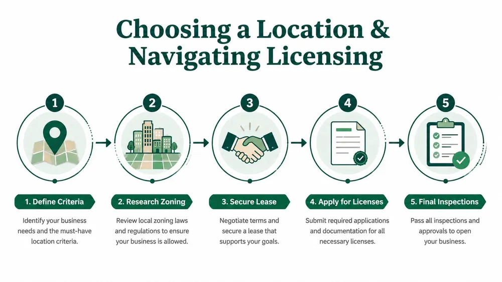 A five-step infographic showing the process of choosing a business location and navigating the required licensing.