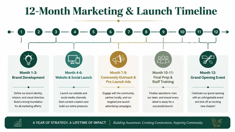 An infographic showing a twelve month marketing and launch timeline for a new veterinary business venture.