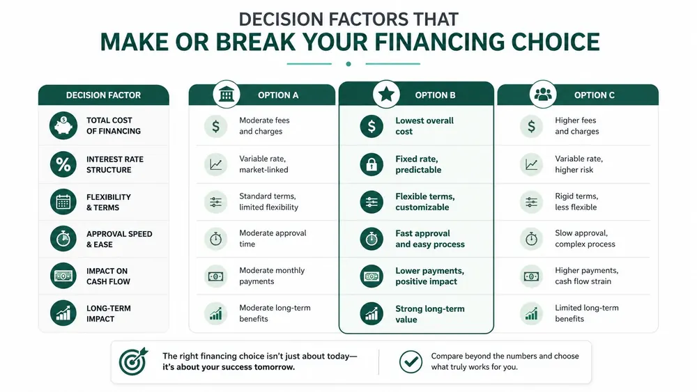 A comparison chart outlining six key decision factors for choosing between three different financing options.