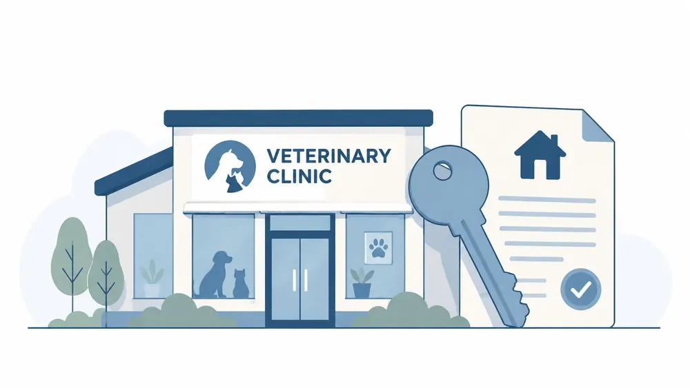 A modern veterinary clinic building illustration with a large house key and a property document contract