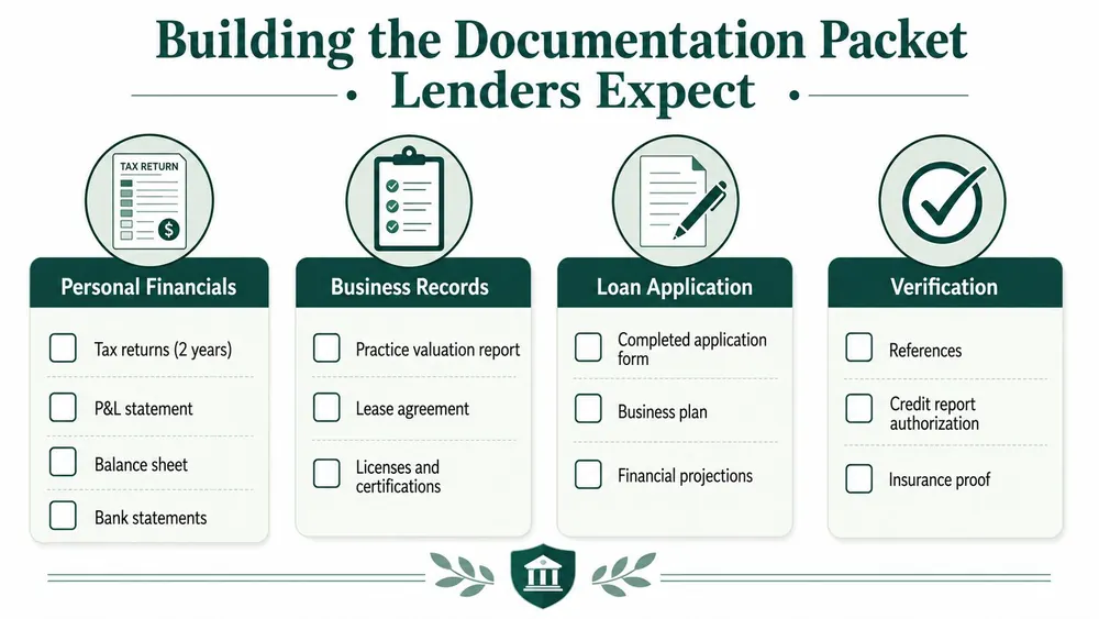 A checklist infographic detailing the required documents for a business loan application in a veterinary practice.