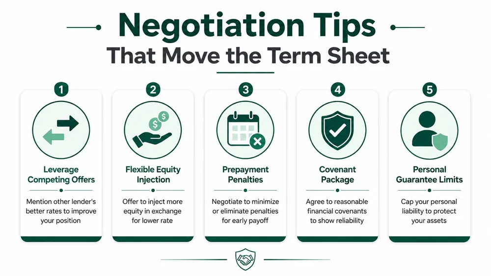 A five-point infographic detailing negotiation tips for improving business term sheets and securing better loan conditions.