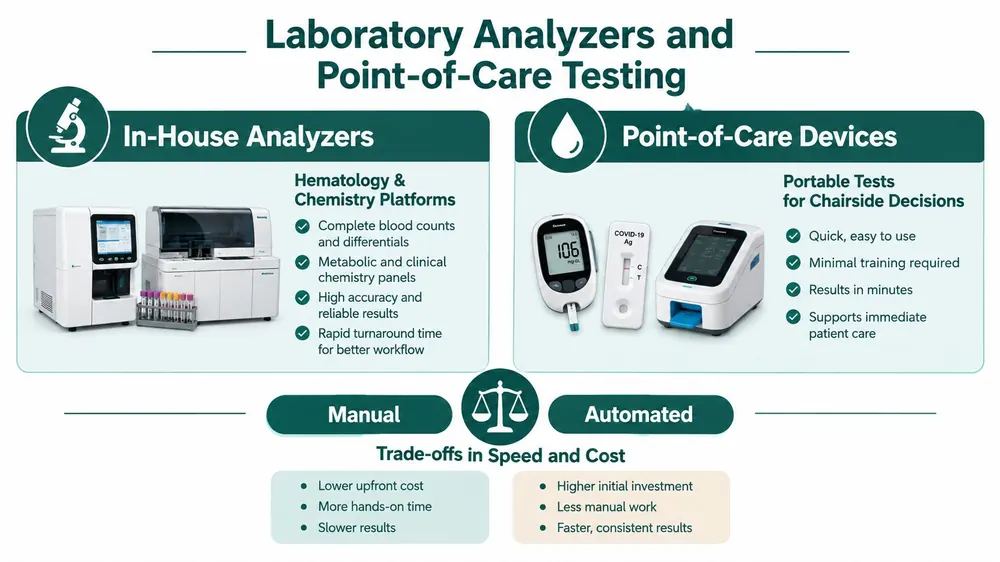 A comparison chart showing features and trade-offs of in-house laboratory analyzers versus portable point-of-care medical testing devices.