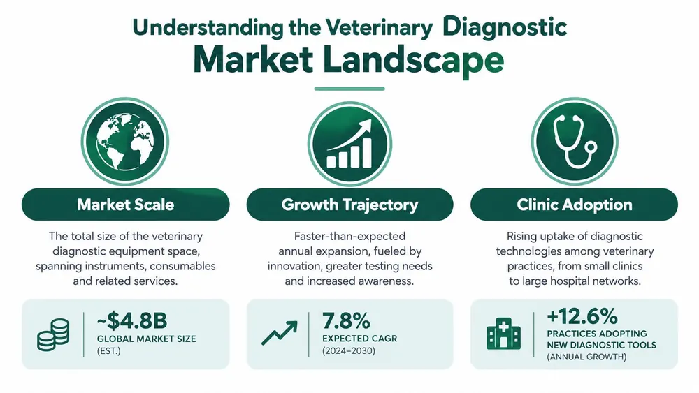An infographic showing the veterinary diagnostic market landscape with global market size, growth trajectory, and clinic adoption.