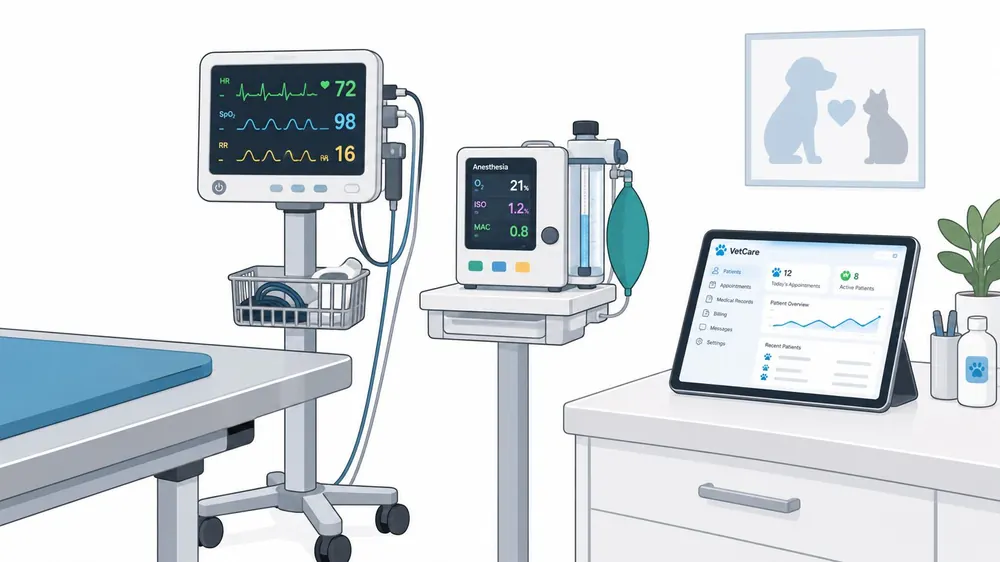 A clean veterinary clinic workstation featuring an anesthesia machine, patient monitor, and tablet displaying digital medical records.