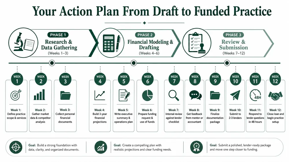 A twelve-week action plan timeline for organizing, drafting, and submitting a veterinary practice business funding application.