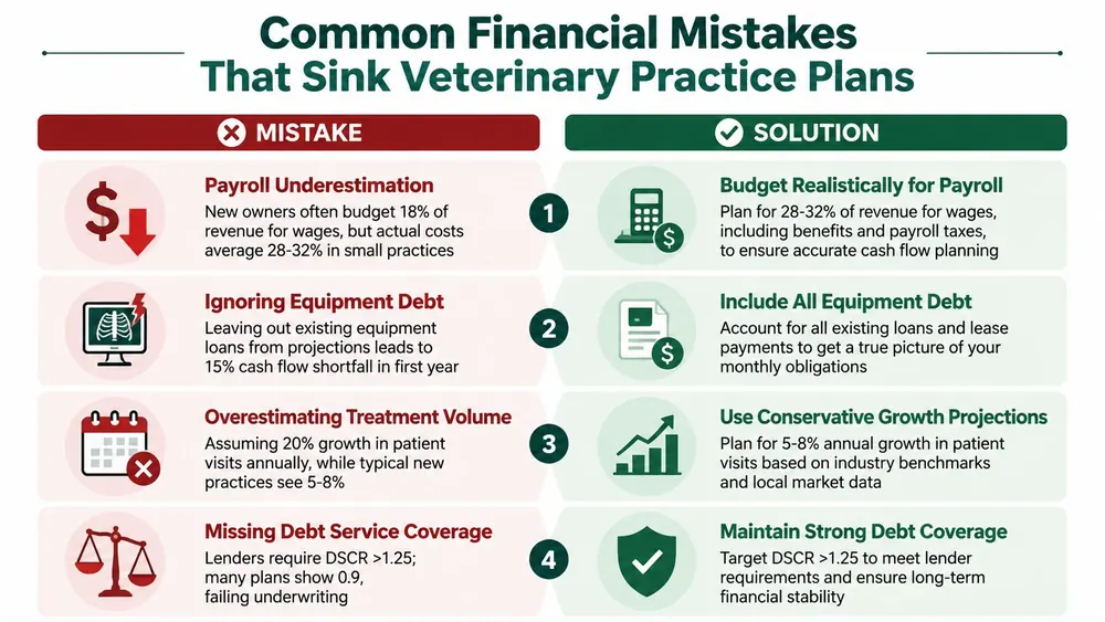 An infographic showing four common financial mistakes and their corresponding solutions for veterinary practice business plans.