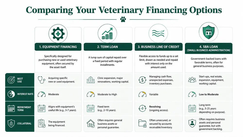 A comparison chart outlining four primary financing options available for veterinary practices and businesses.