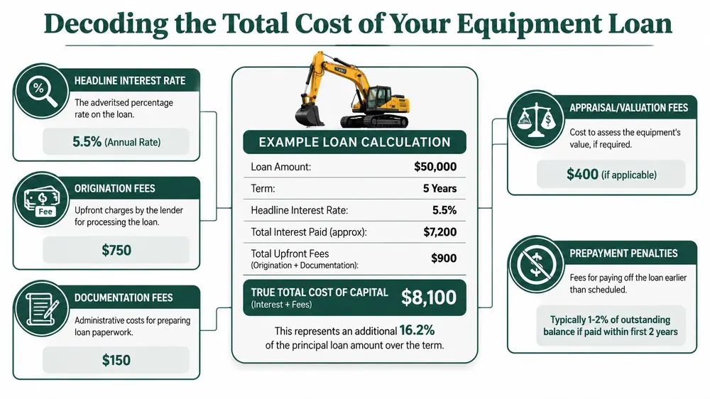 An infographic titled Decoding the Total Cost of Your Equipment Loan explaining common loan fees and interest.