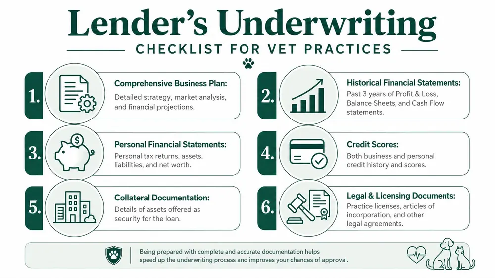 An infographic checklist for veterinary practice owners detailing the documents required for business loan underwriting and approval.