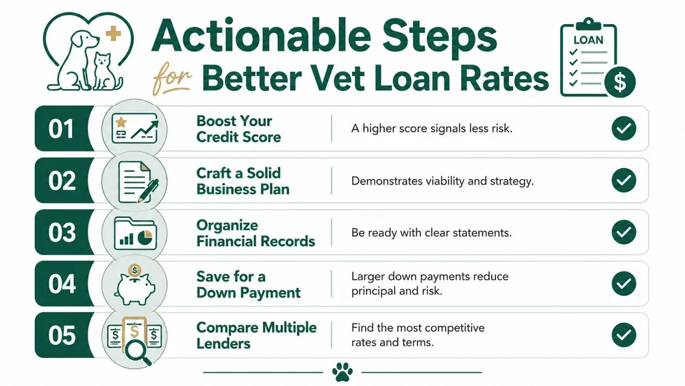 An infographic titled Actionable Steps for Better Vet Loan Rates showing five numbered tips for veterinarians.