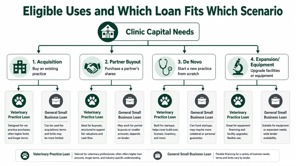 A flowchart comparing veterinary practice loans and general small business loans for various clinic capital scenarios.
