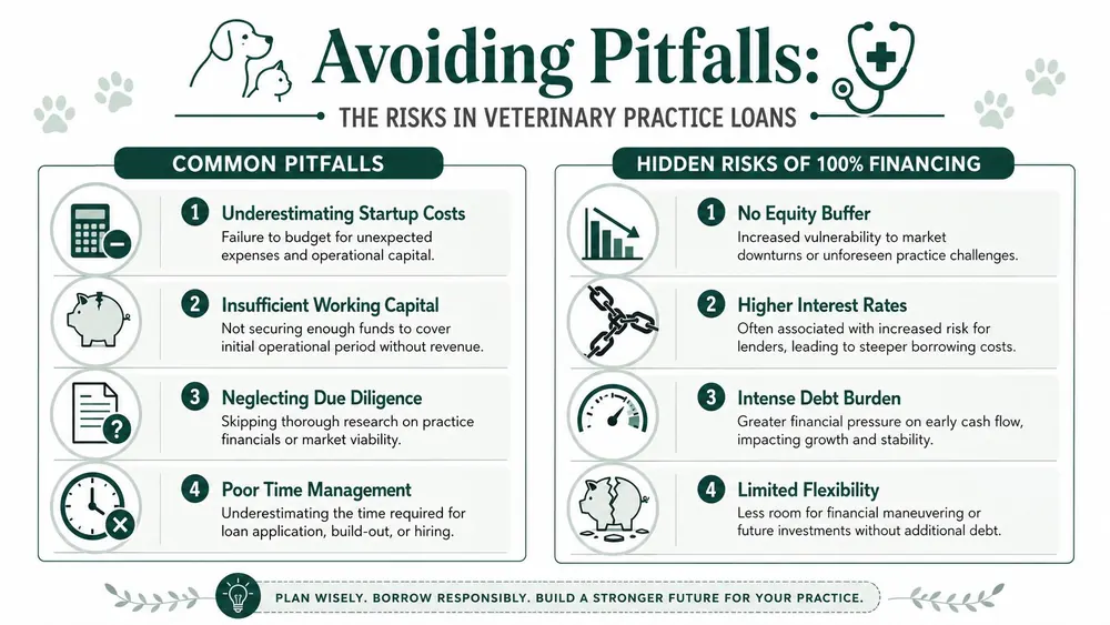 An infographic titled Avoiding Pitfalls in Veterinary Practice Loans detailing common financial mistakes and risks of 100% financing.