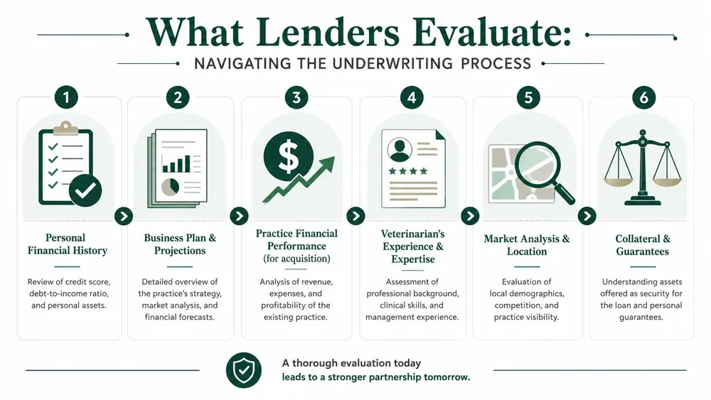 A six-step infographic detailing the loan underwriting process for veterinary practice ownership and business evaluation.