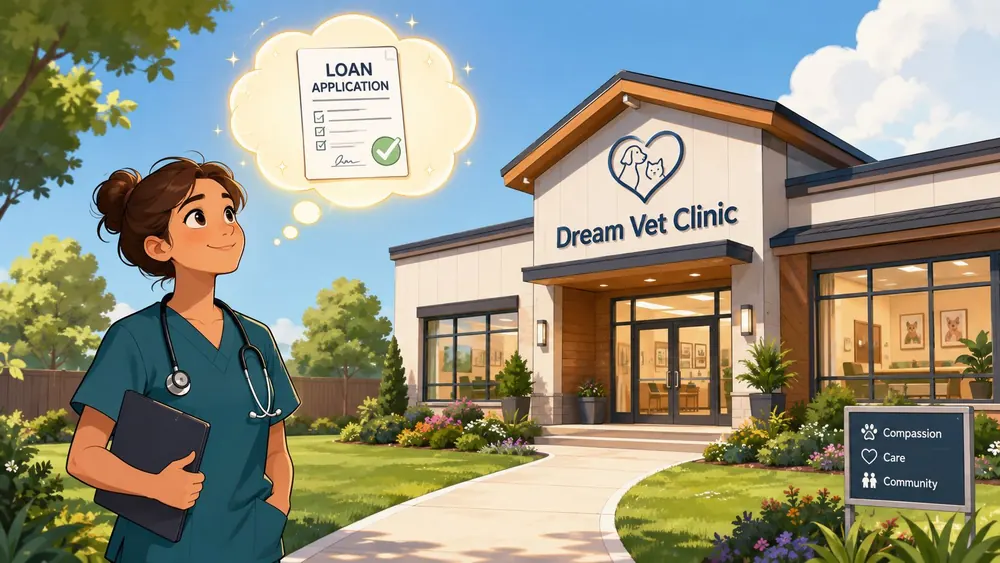 A female veterinarian dreams of a loan application for her own Dream Vet Clinic building.