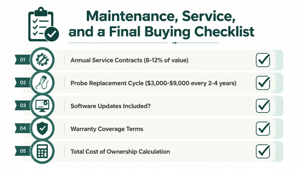A checklist infographic outlining five essential maintenance, service, and purchasing considerations for veterinary ultrasound equipment.