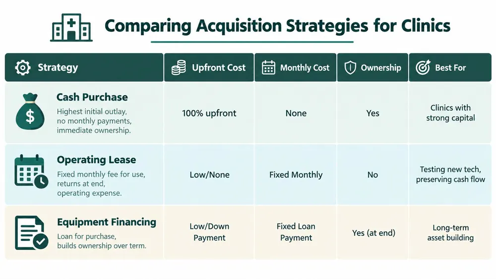 A comparison chart outlining acquisition strategies for clinics including cash purchase, operating leases, and equipment financing options.