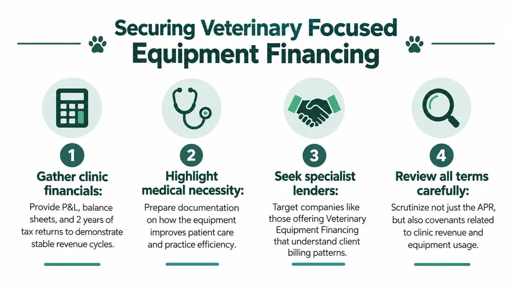 A four-step infographic illustrating essential steps for securing veterinary equipment financing for a medical clinic.