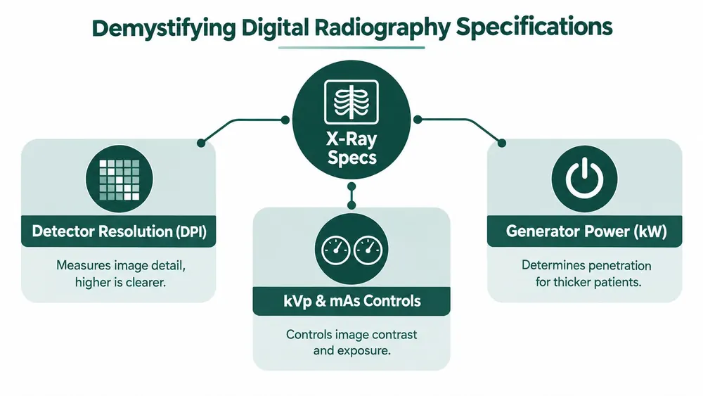 An infographic titled Demystifying Digital Radiography Specifications, explaining detector resolution, generator power, and kVp and mAs controls.