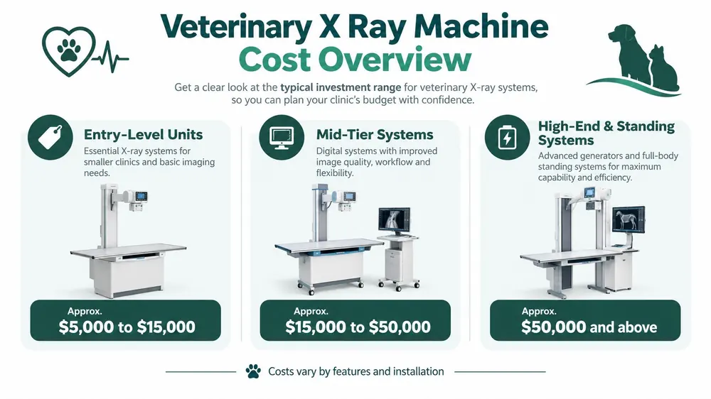 An infographic showing the typical price ranges for entry-level, mid-tier, and high-end veterinary X-ray machines.