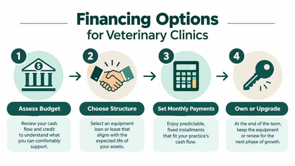 A four-step infographic explaining financing options for purchasing or leasing veterinary clinic equipment.