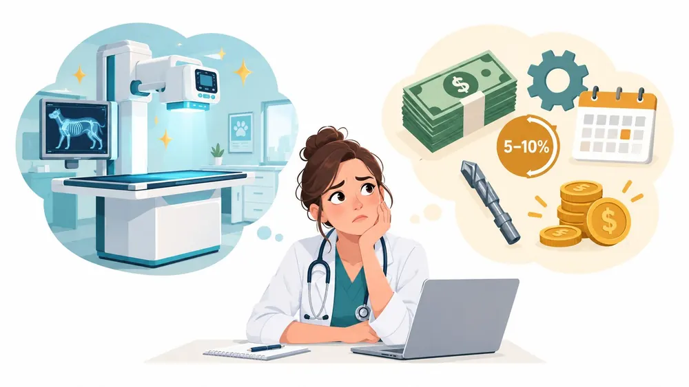 A concerned veterinarian sitting at a laptop while contemplating the purchase and cost of x-ray equipment.