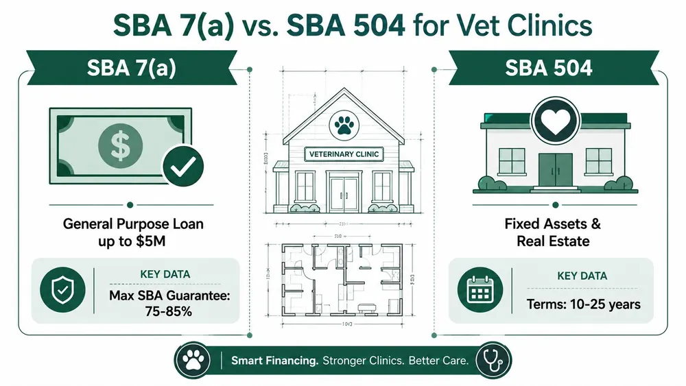 A comparison chart showing SBA 7(a) and SBA 504 loan options for veterinary clinic financing.
