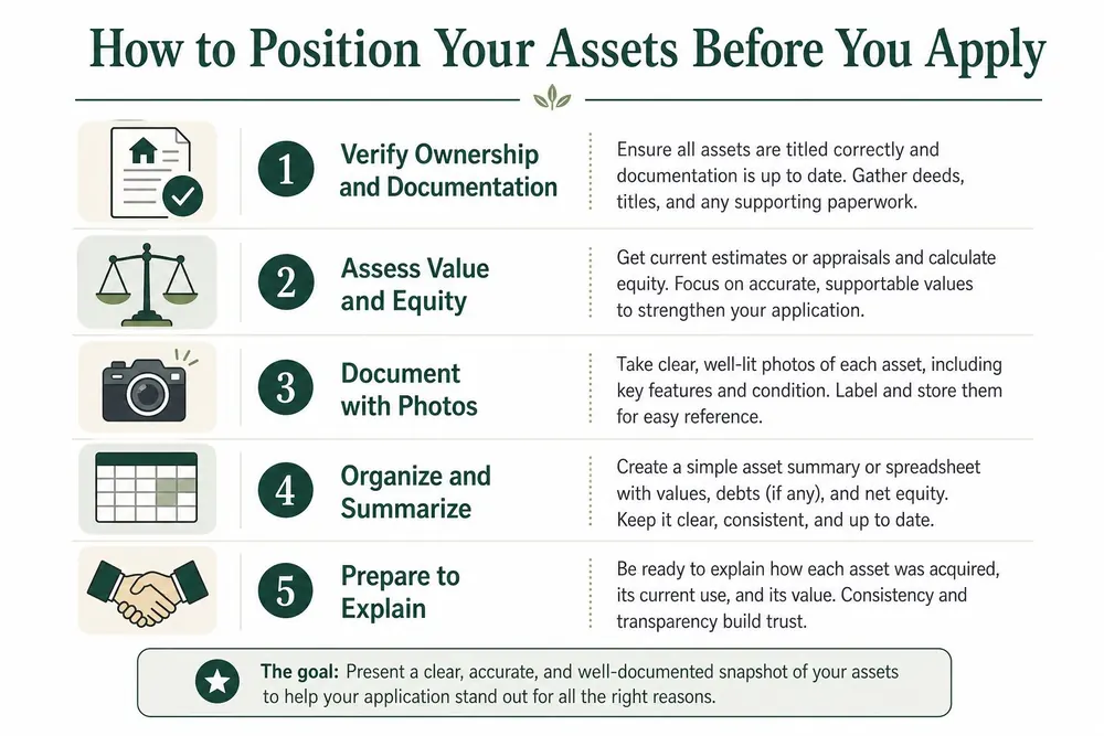 An infographic illustrating five essential steps to organize and document assets before applying for a loan.