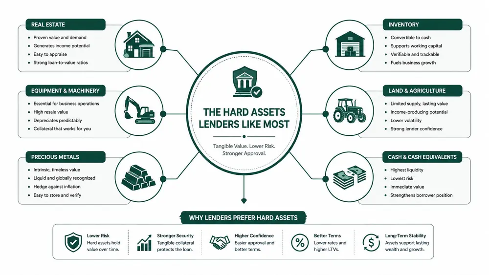 A diagram illustrating six categories of hard assets that lenders prefer for secured business loan approvals.